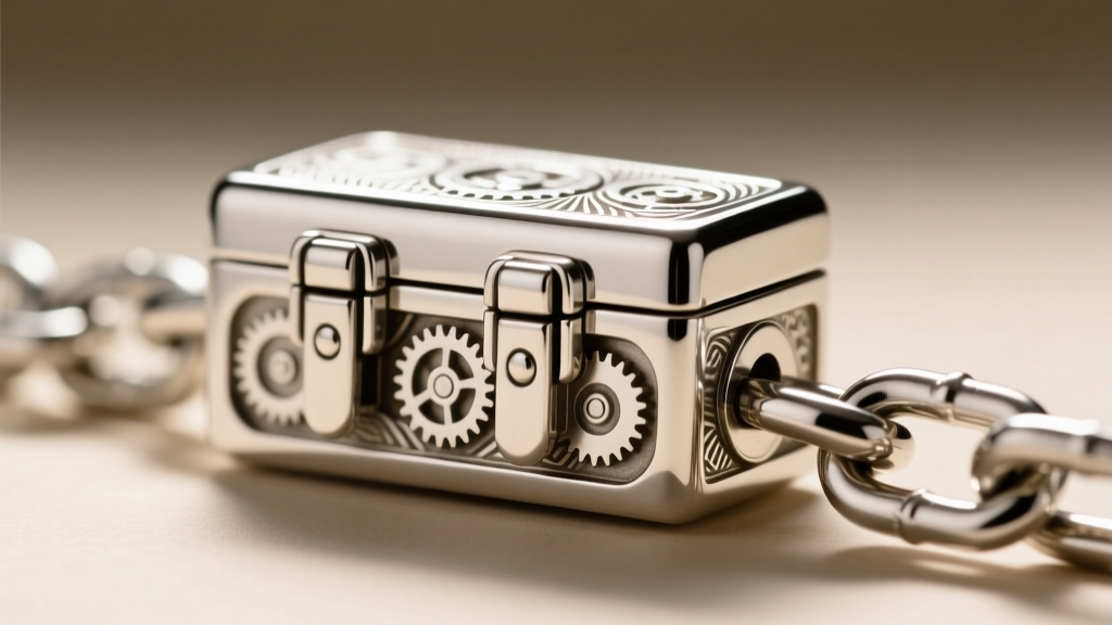 Macro shot of a heavy silver box clasp with double safety latch on a thick chain, highlighting the intricate mechanical engraving