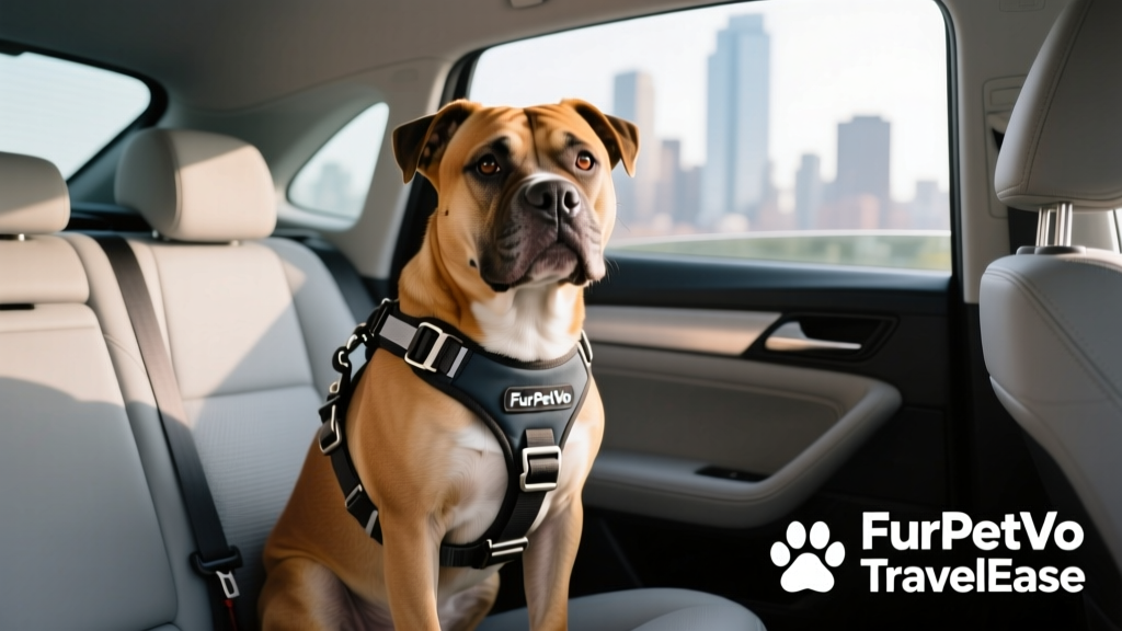 A pit bull comfortably wearing the FurPetVo TravelEase harness, seated securely in a car backseat with seatbelt attachment visible