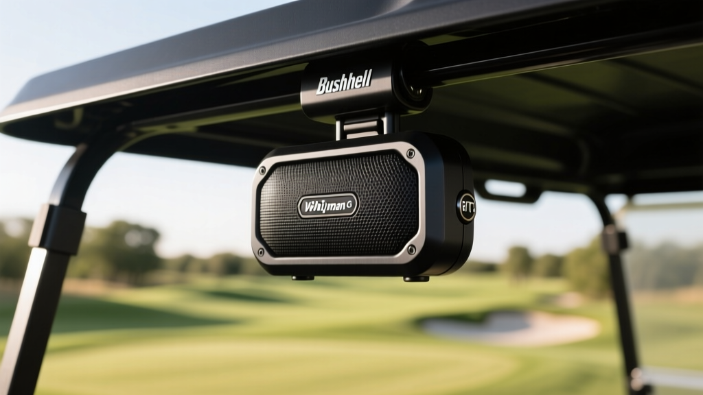 Close-up of the Bushnell Wingman GPS speaker securely attached to a black golf cart roof strut using its integrated BITE magnetic mount