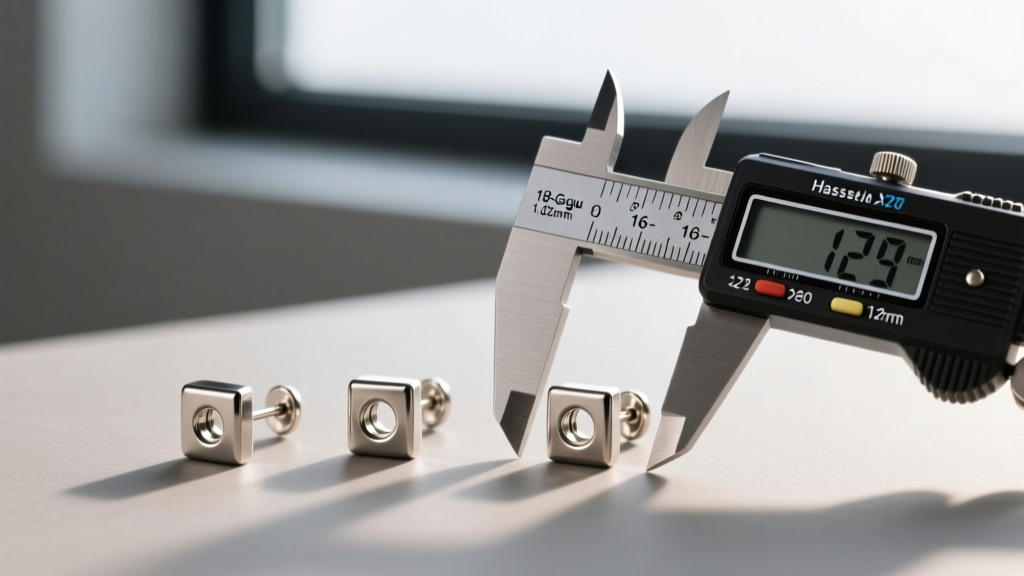 Macro shot of 18-gauge and 16-gauge titanium square earring posts beside a digital caliper showing metal thickness.