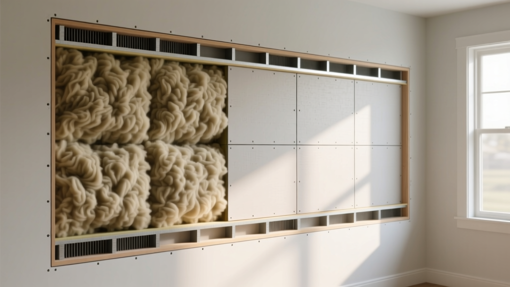 Cross-section of a framed interior wall showing dense mineral wool batts, resilient channels, and double-layer drywall for soundproofing