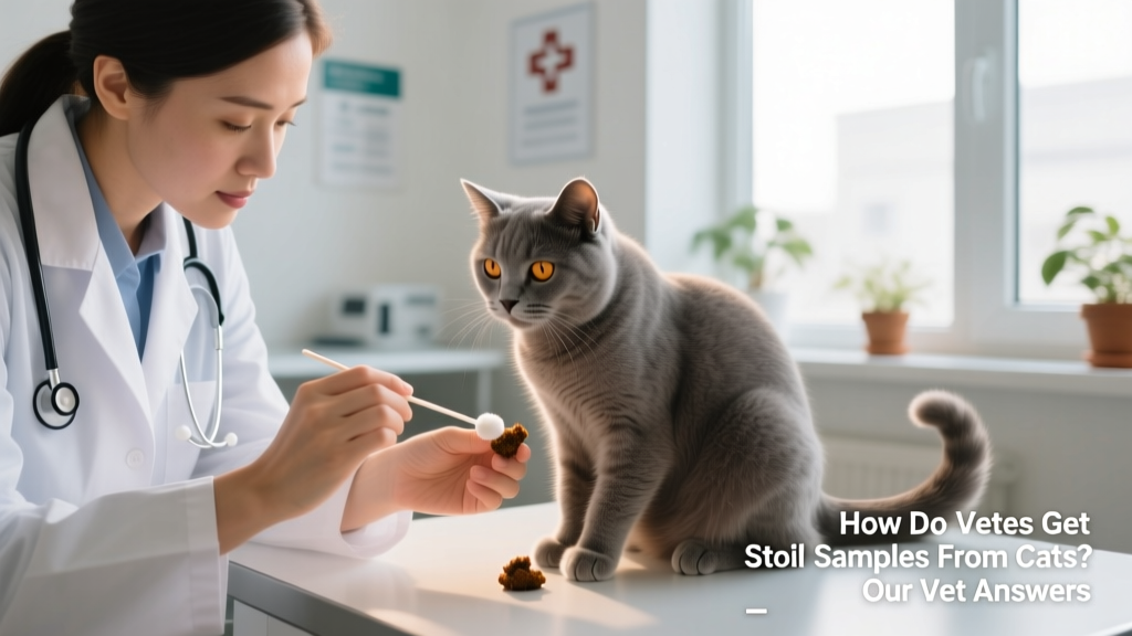 Close-up of a veterinarian using a sterile swab to collect a small stool sample from a cat's rectum
