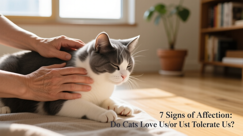 Two hands gently stroking a relaxed cat’s back while it kneads softly