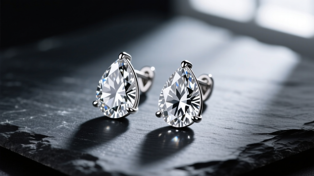 Platinum diamond teardrop earrings resting on dark slate, showcasing brilliant light reflection and secure V-prong settings.