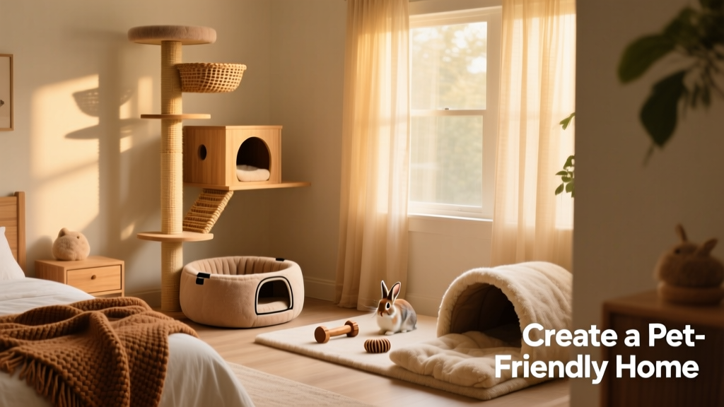 A serene, pet-safe bedroom with a cat tower, a cozy dog crate lined with blankets, and a rabbit play area with chew toys and soft bedding