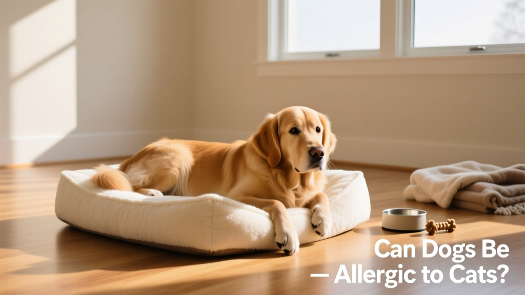 A calm golden retriever resting on a clean, plush dog bed in a tidy, sunlit room with no cats present