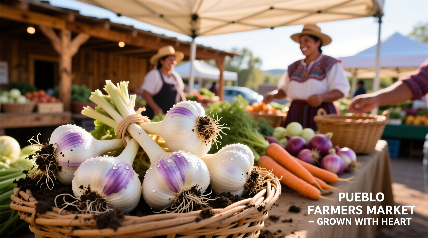 Freshly harvested garlic bulbs at Pueblo farmers market