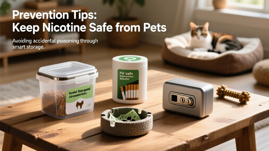 Prevention tips infographic: sealed storage bins, pet-safe disposal of butts, and e-cigarette lockboxes