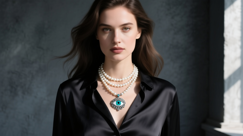 Woman wearing layered wish necklace with an evil eye pendant and a 16-inch pearl choker against a dark silk blouse in natural sun