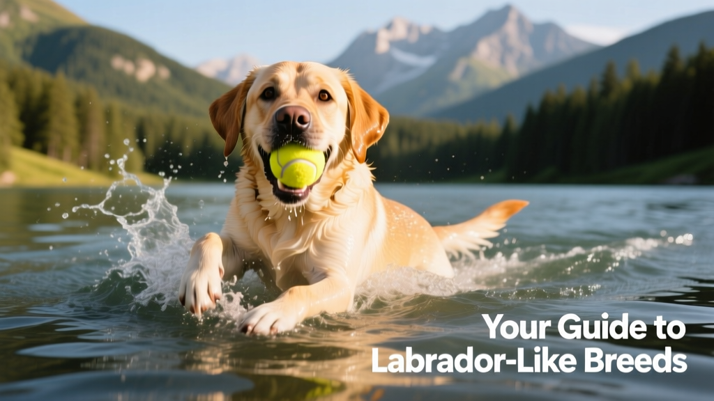 A joyful Labrador Retriever swimming in a lake, splashing water, with a tennis ball in its mouth