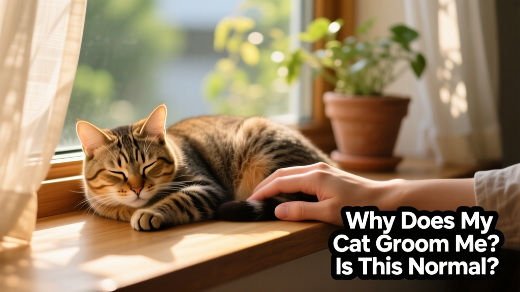 A relaxed cat curled beside a person’s hand, both resting peacefully on a sunlit windowsill