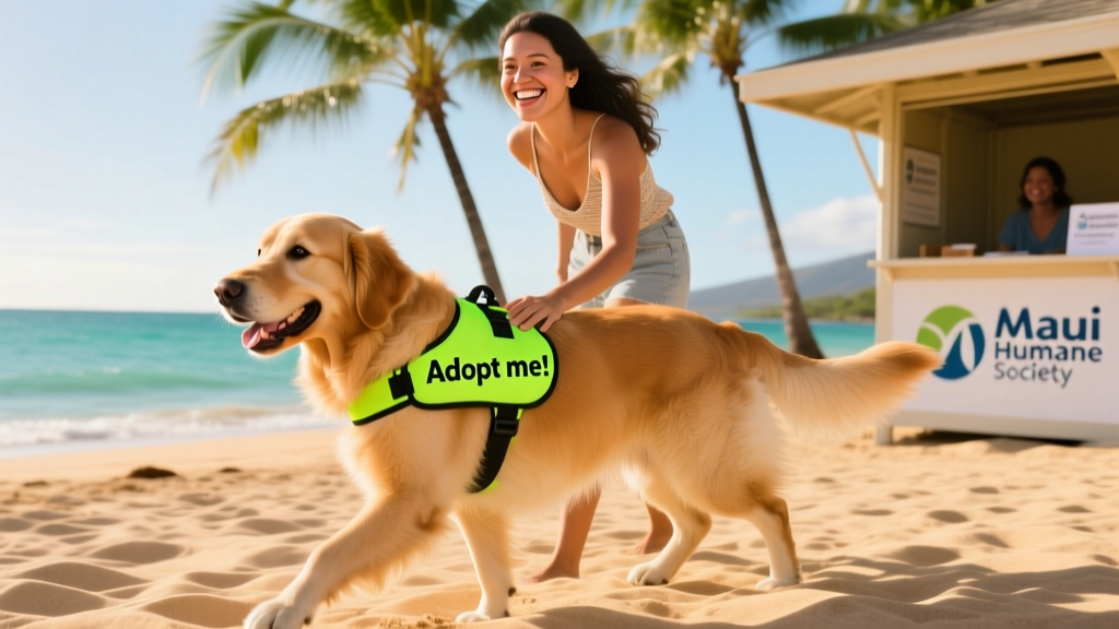 A happy dog wearing a bright 'Adopt me!' harness, walking beside a smiling visitor along a sandy beach with palm trees in the background