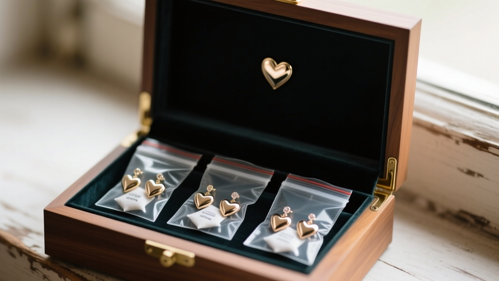 Heart shape earrings stored in anti-tarnish ziplock bags with silica gel packets inside a velvet-lined wooden jewelry box