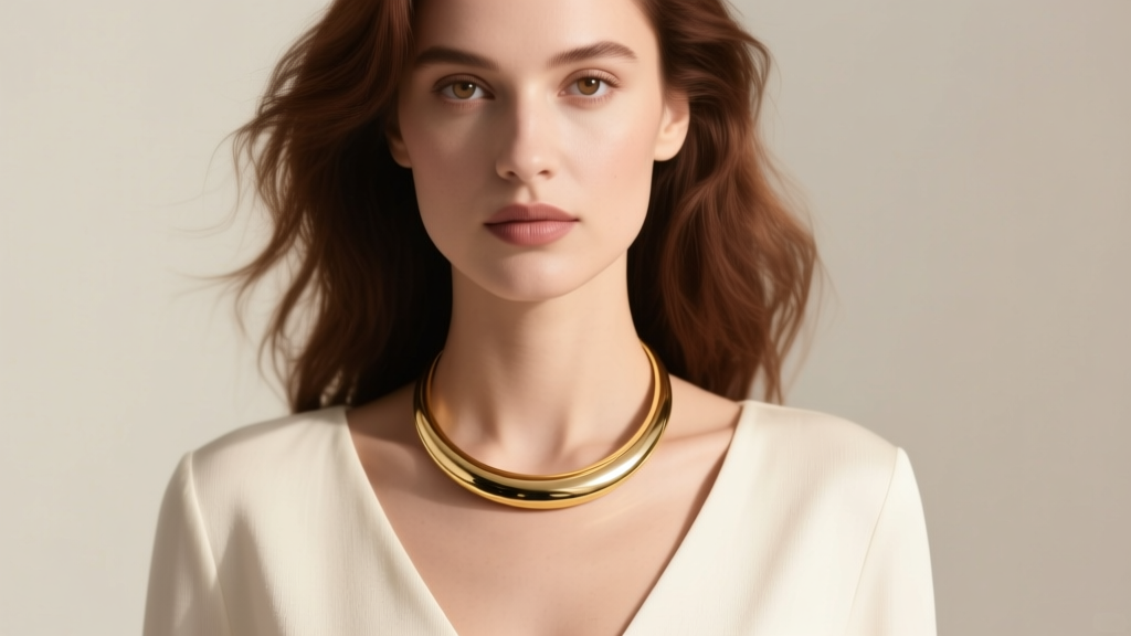 Woman wearing a 20mm high-polish 14k gold disk necklace resting perfectly at the base of a deep V-neckline in soft studio shadows.