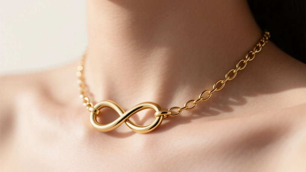 Close-up of a 14k solid gold infinity necklace on a collarbone, soft sunlight highlighting the polished metal curves and clasp.