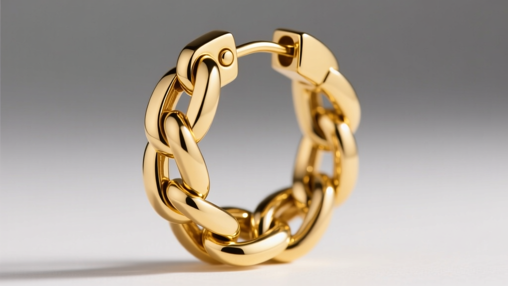 Macro shot of a solid 14k yellow gold Cuban link hoop earring, highlighting flat-filed interlocking links and a hinge clasp.