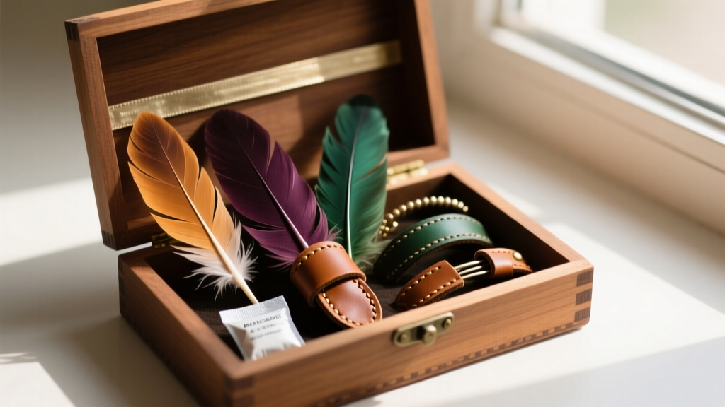 Bohemian feather and leather hair accessories stored in a cedar-lined wooden box with anti-tarnish strips and silica gel packets.