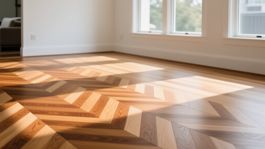Close-up of oak herringbone wood flooring pattern transitioning to straight planks in a sunlit modern living room with white walls