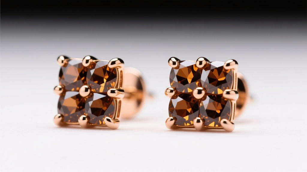 Macro shot of 18k rose gold stud earrings with cushion-cut cognac brown diamonds in four-prong settings, soft studio light.