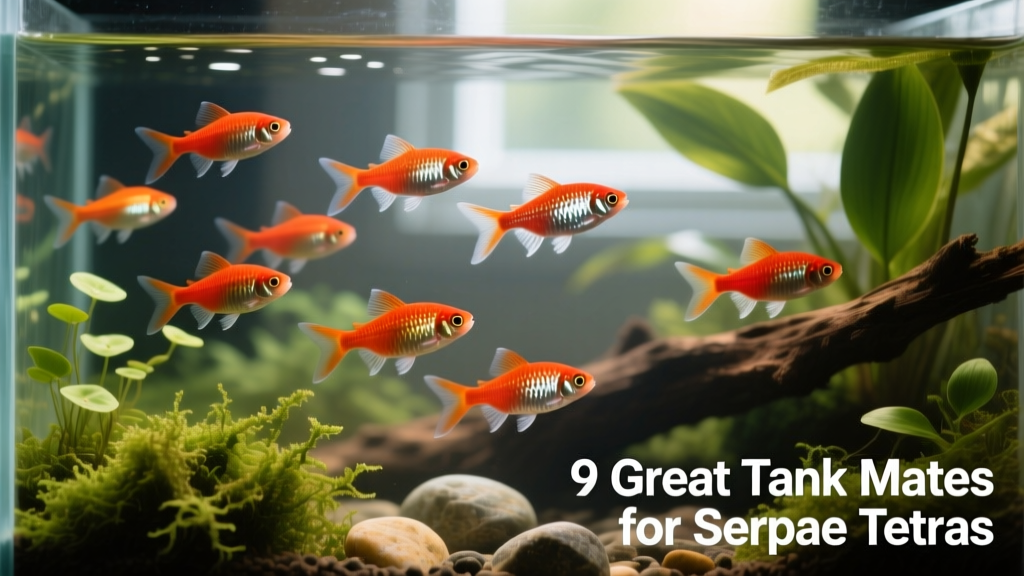 A school of Serpae tetras swimming together in a well-planted freshwater aquarium
