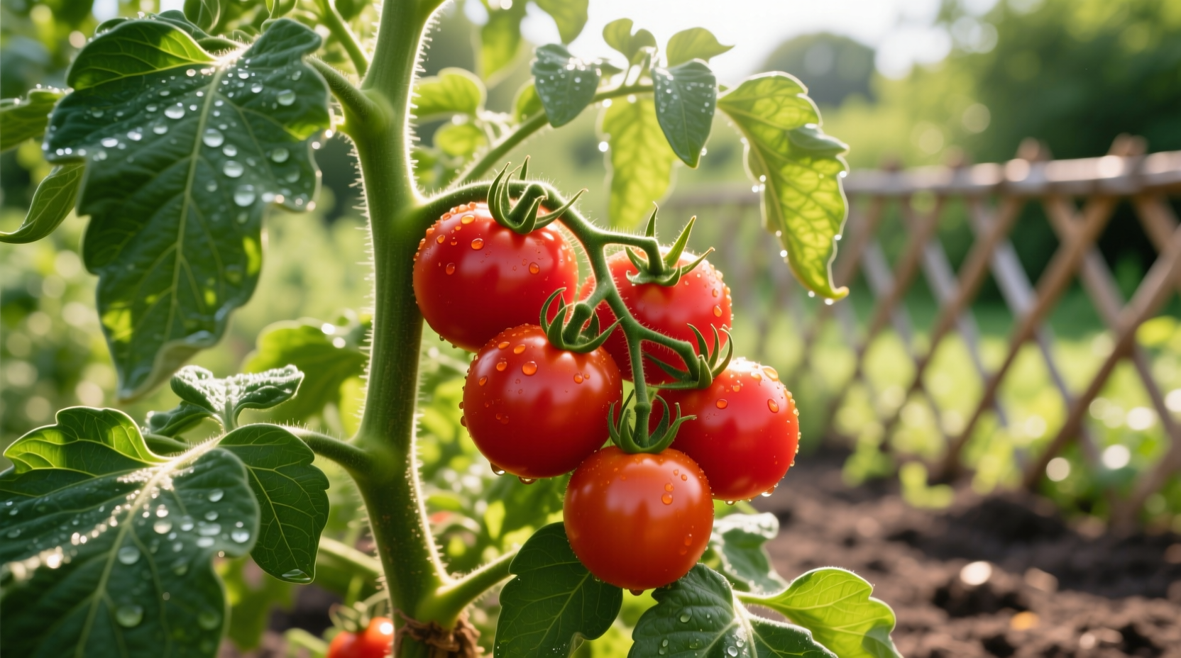 Healthy tomato plant growing in full sunlight with ripe red fruits
