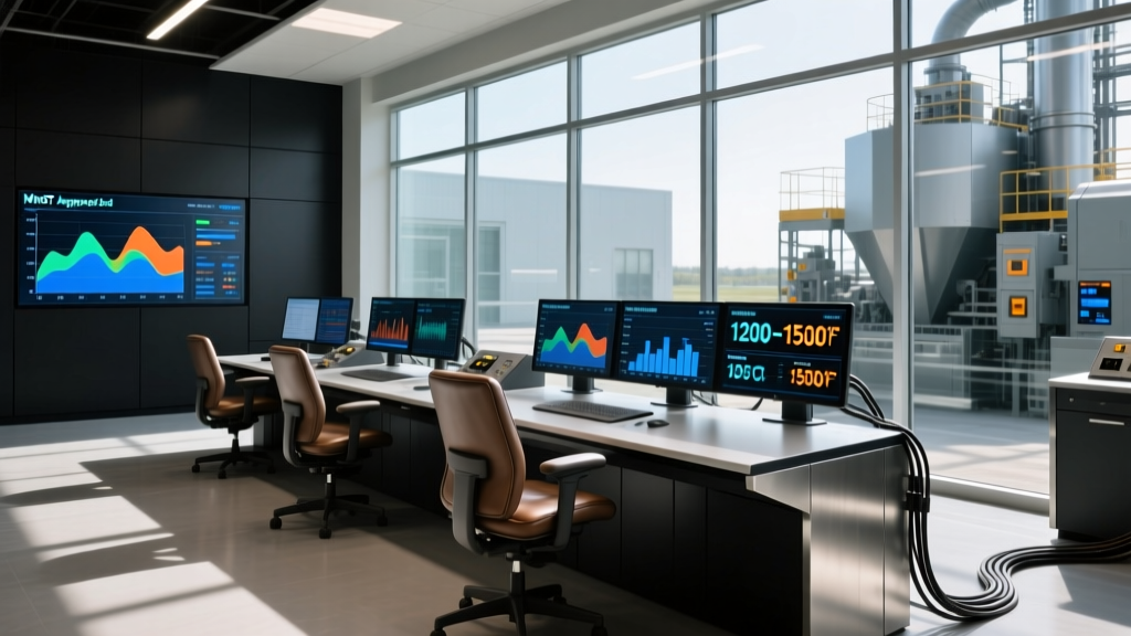Modern automated hot mix asphalt plant control room with digital HMI screens displaying MnDOT mix designs and burner temperatures