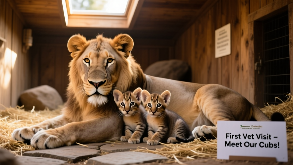 Zamaya the lioness resting calmly beside her two cubs in their indoor den at the Fresno Chaffee Zoo