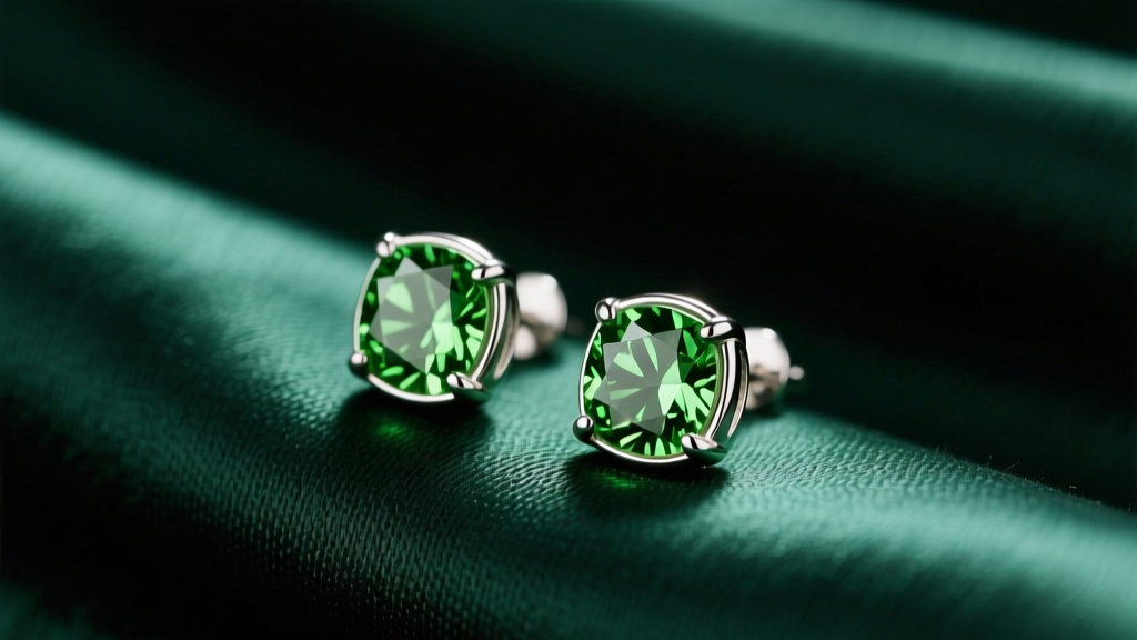 Close-up of 18-gauge silver bezel-set peridot stud earrings on dark green silk, highlighting the vivid olive-green gemstone color.