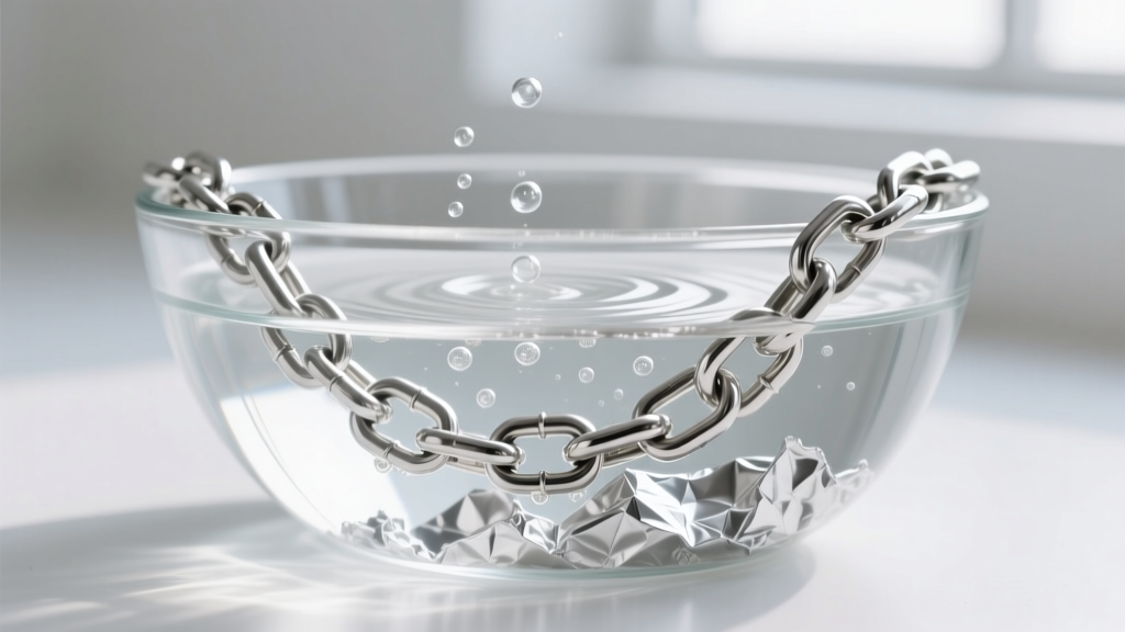 Sterling silver chain soaking in a glass bowl with aluminum foil and warm water during an electrochemical cleaning process