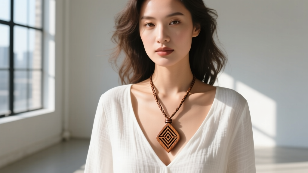 Woman wearing a carved wooden Japor snippet pendant on a 2mm braided leather cord, layered over a white linen scoop-neck blouse.
