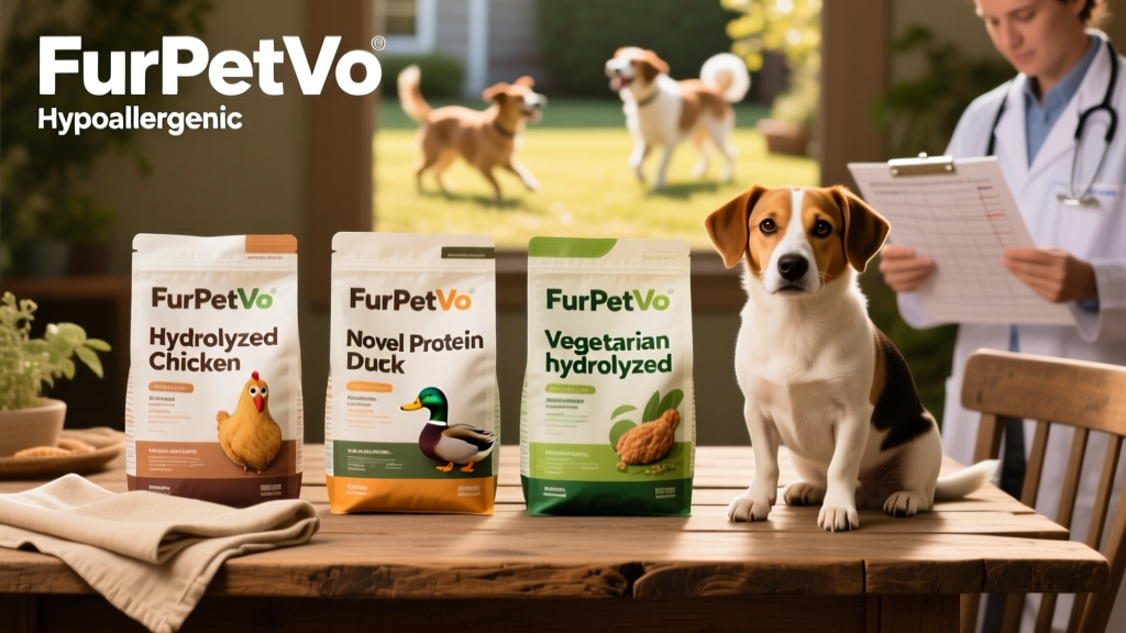 Side-by-side comparison of three FurPetVo hypoallergenic dog food bags—hydrolyzed chicken, novel protein duck, and vegetarian hydrolyzed formulas