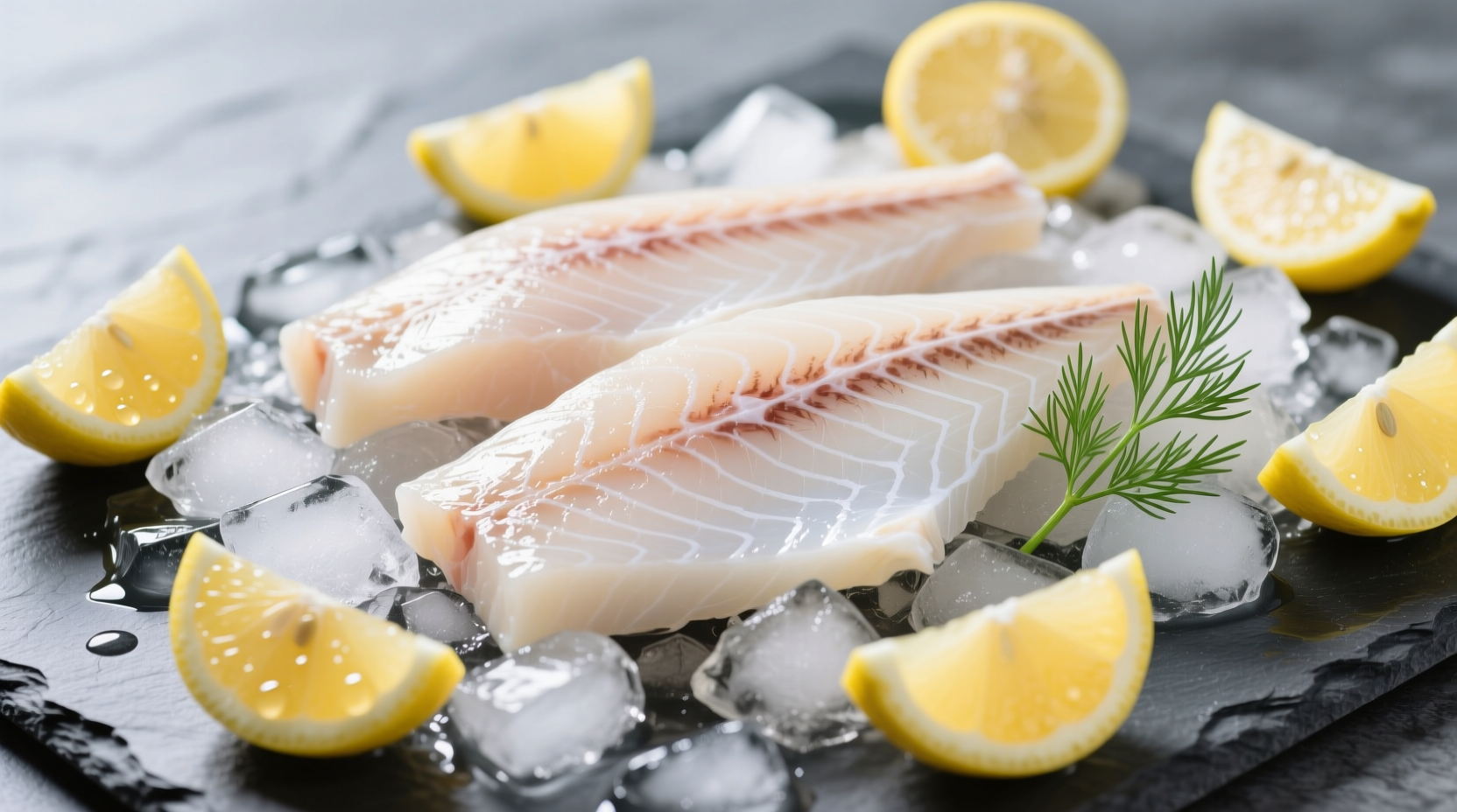 Fresh monkfish tail fillets on ice with lemon wedges