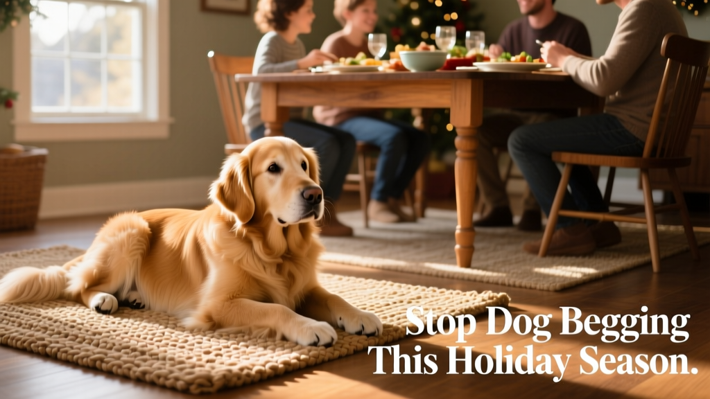A calm dog lying on a designated rug near a dining area while people eat at the table