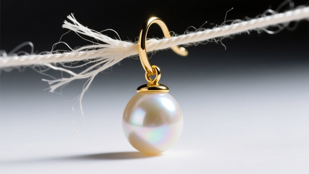 Close-up of a broken silk thread on a freshwater pearl drop earring, showing frayed ends near a gold-filled crimp bead.