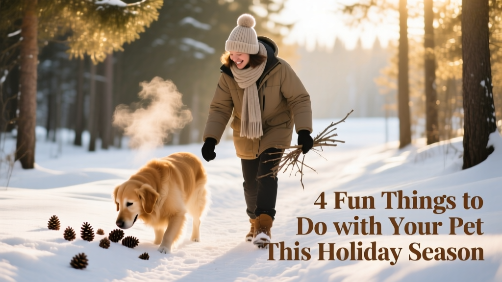 A person and their dog walking along a snowy forest trail, collecting pinecones and branches