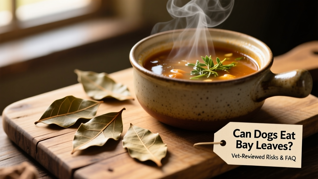 Close-up of whole dried bay leaves on a wooden cutting board next to a pot of simmering soup