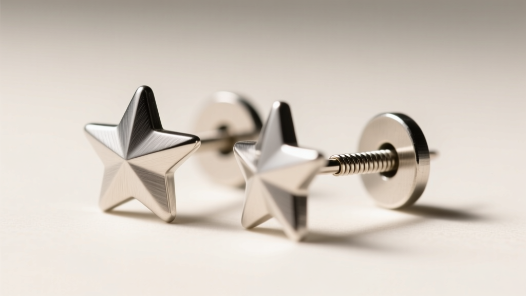 Macro photo of a threadless push-pin star earring post and backing, showing the exact bend angle needed for a secure tension fit.