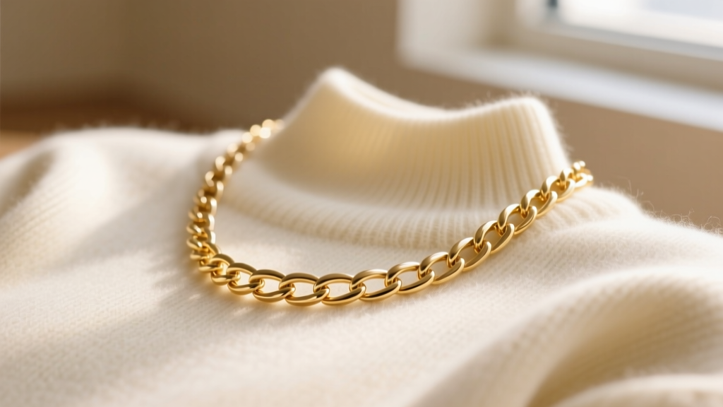 Close-up of an 18k gold box chain necklace resting elegantly on a cream cashmere crewneck sweater under soft natural lighting.