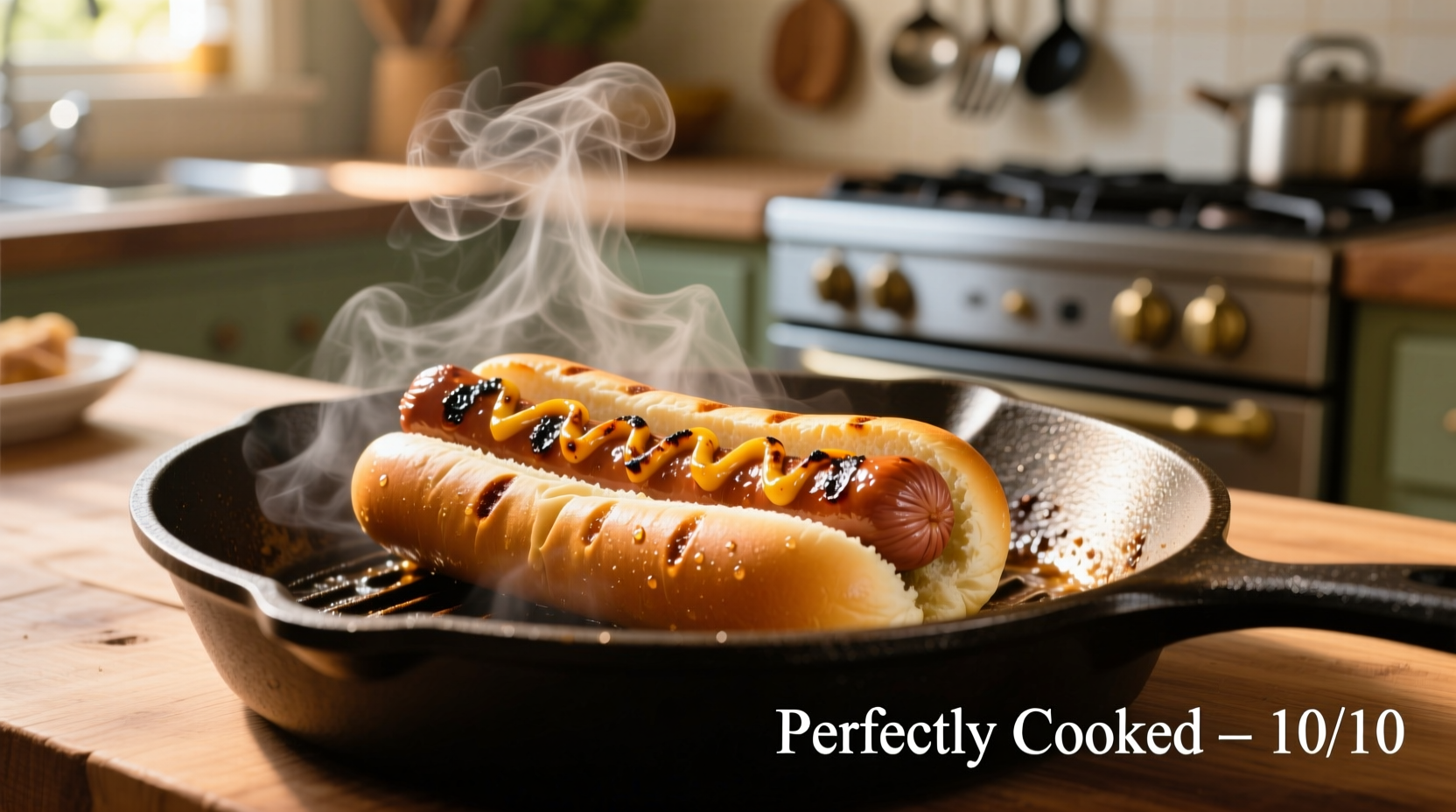 Perfectly cooked hot dogs in skillet with steam rising