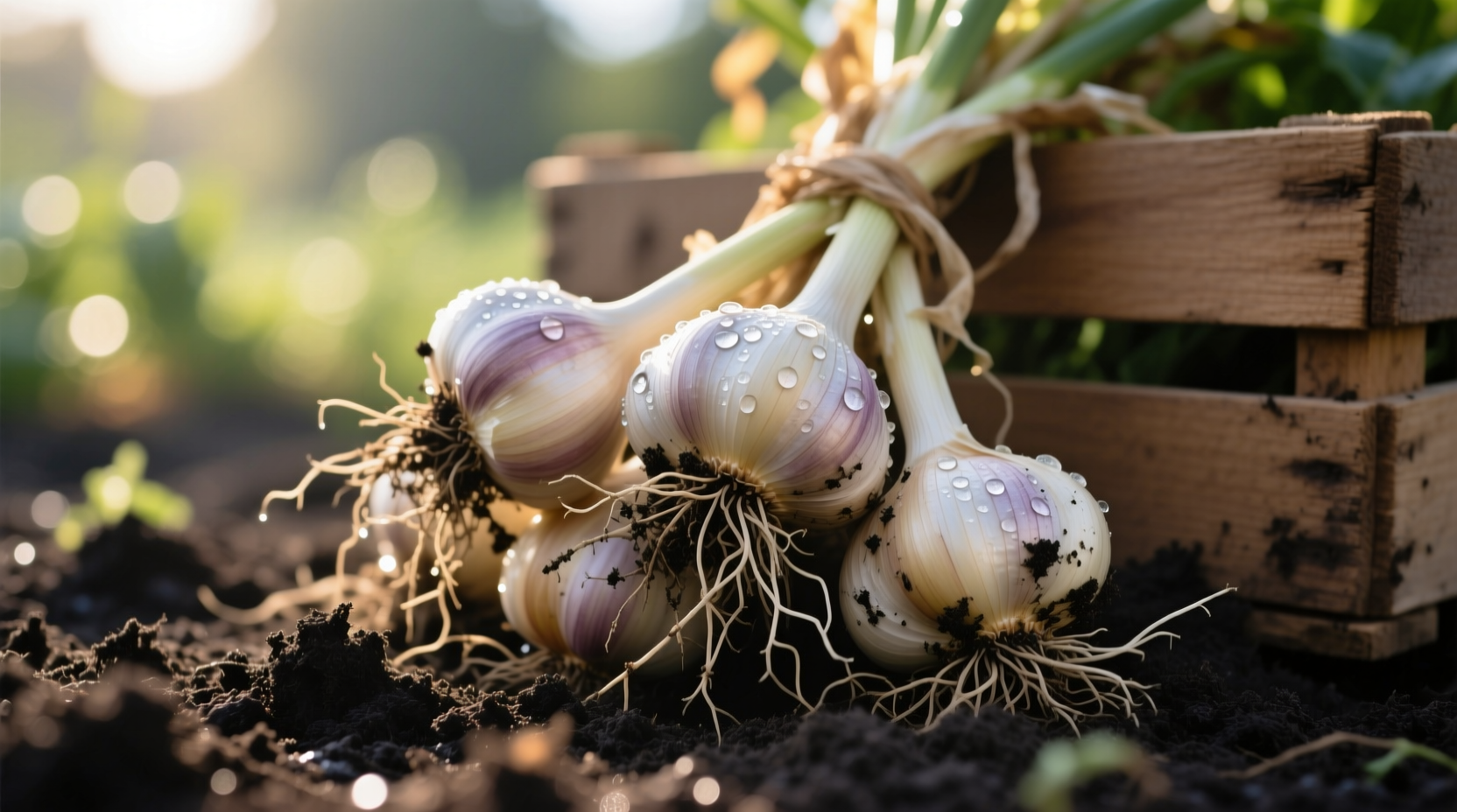 Freshly harvested garden garlic bulbs with soil