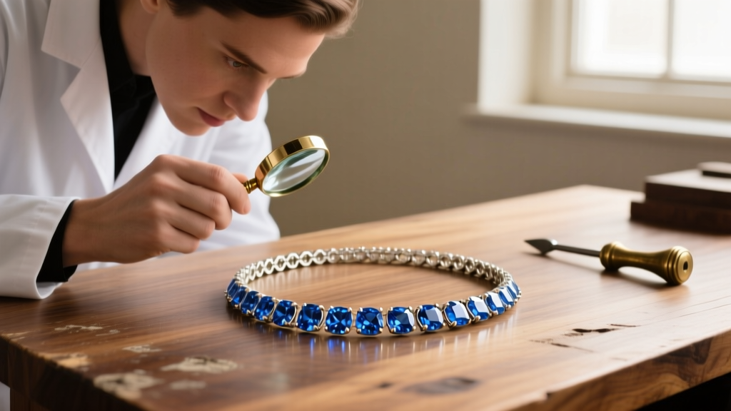 Jeweler using a loupe to inspect the prong settings of a white gold blue diamond tennis necklace resting on a wooden workbench