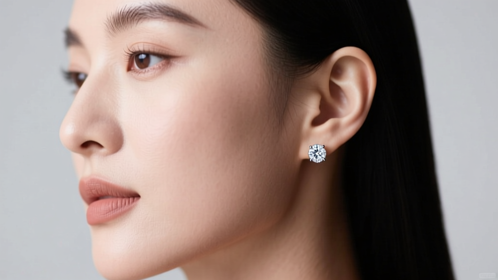 Side-profile portrait of a woman wearing a modest 4mm round brilliant-cut diamond stud earring in a 14k white gold bezel setting