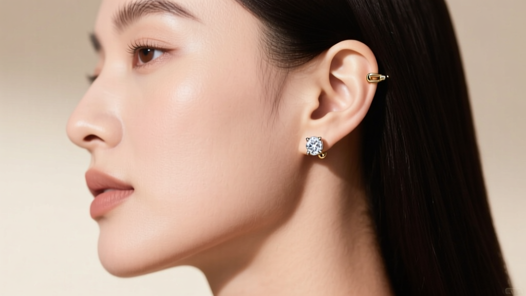 Side profile of a woman wearing simple 14k white gold diamond stud push back earrings, highlighting the secure fit on her lobe