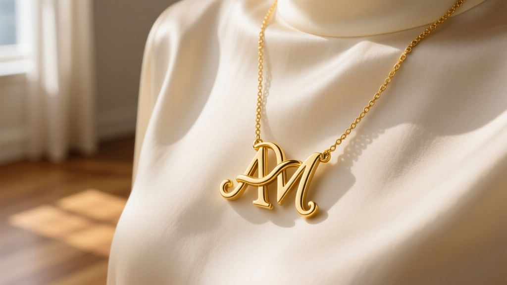 Close-up of a 14k yellow gold monogram necklace with an intertwined A and M ligature resting on a silk blouse in soft window light