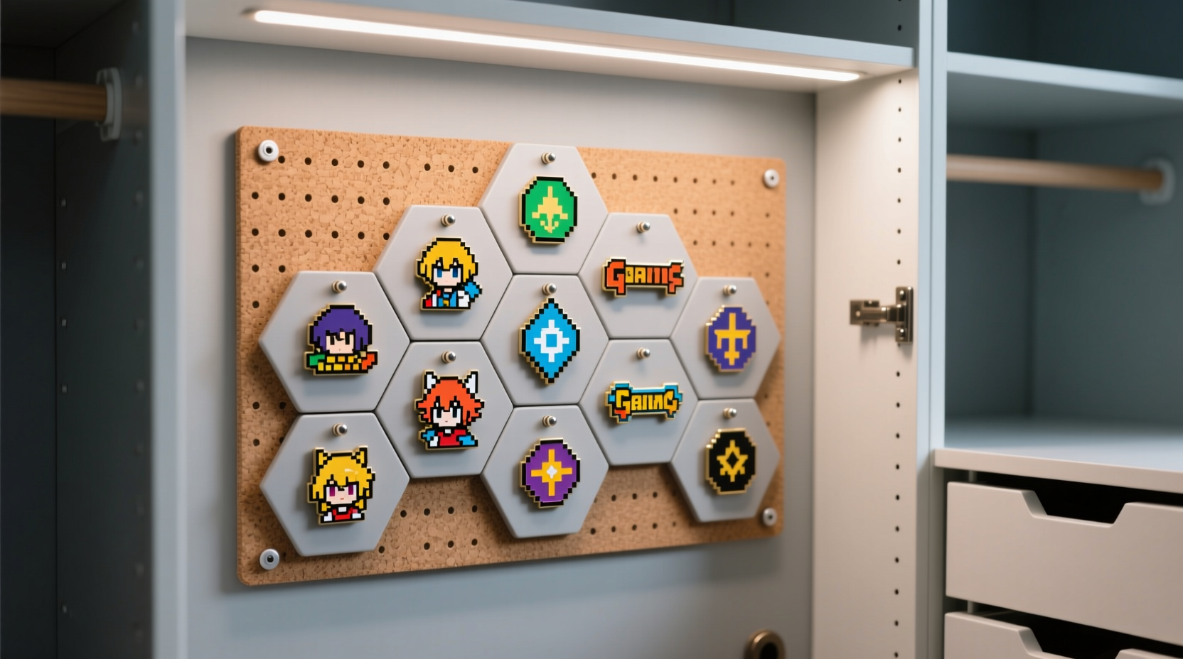 gaming pins organization on closet doors
