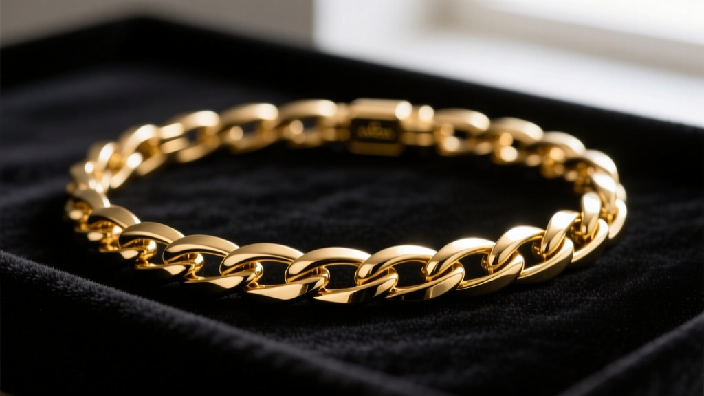 Macro shot of an 18k gold omega chain on dark velvet, highlighting the smooth, seamless, and highly reflective flat metal surface.