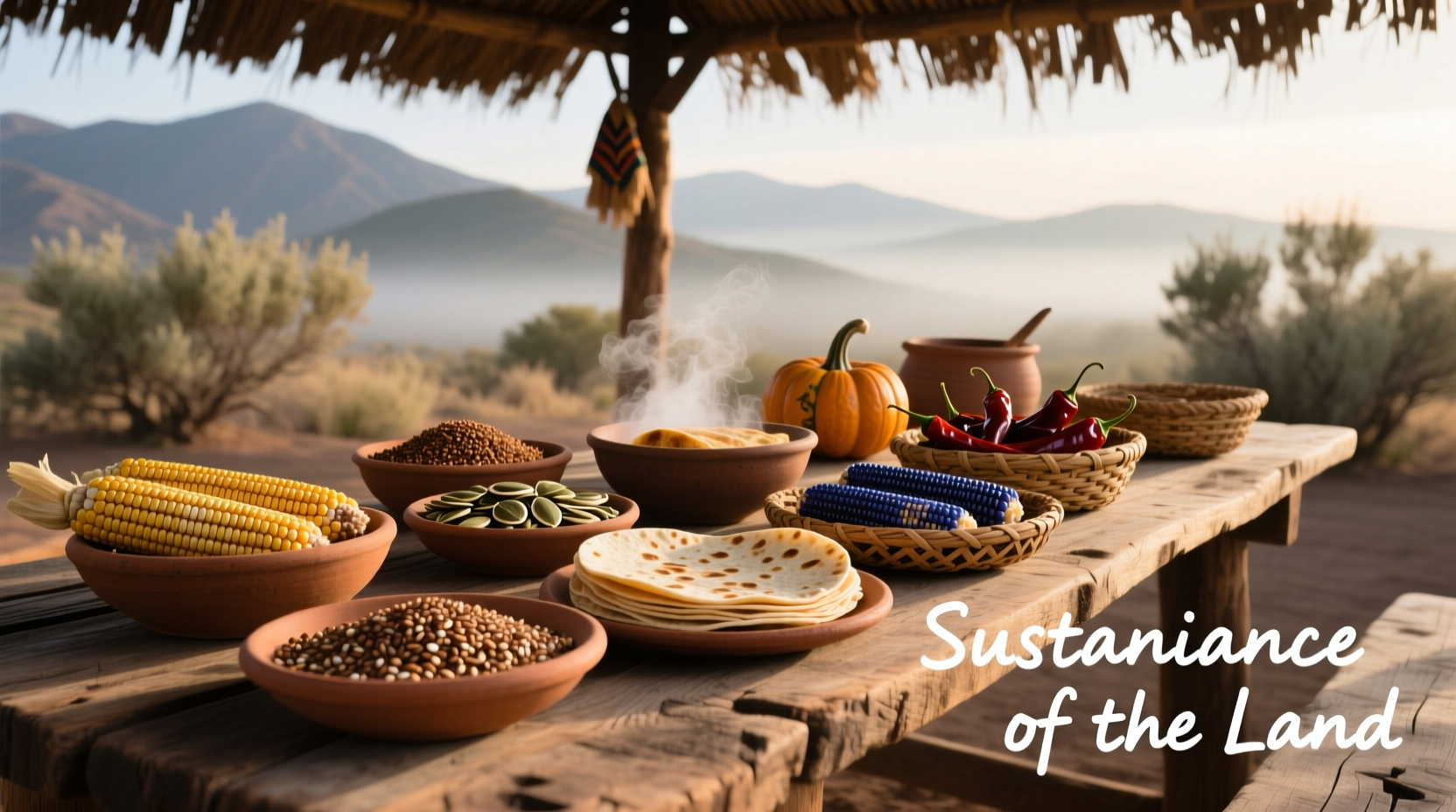 Traditional indigenous foods from the Americas on wooden table
