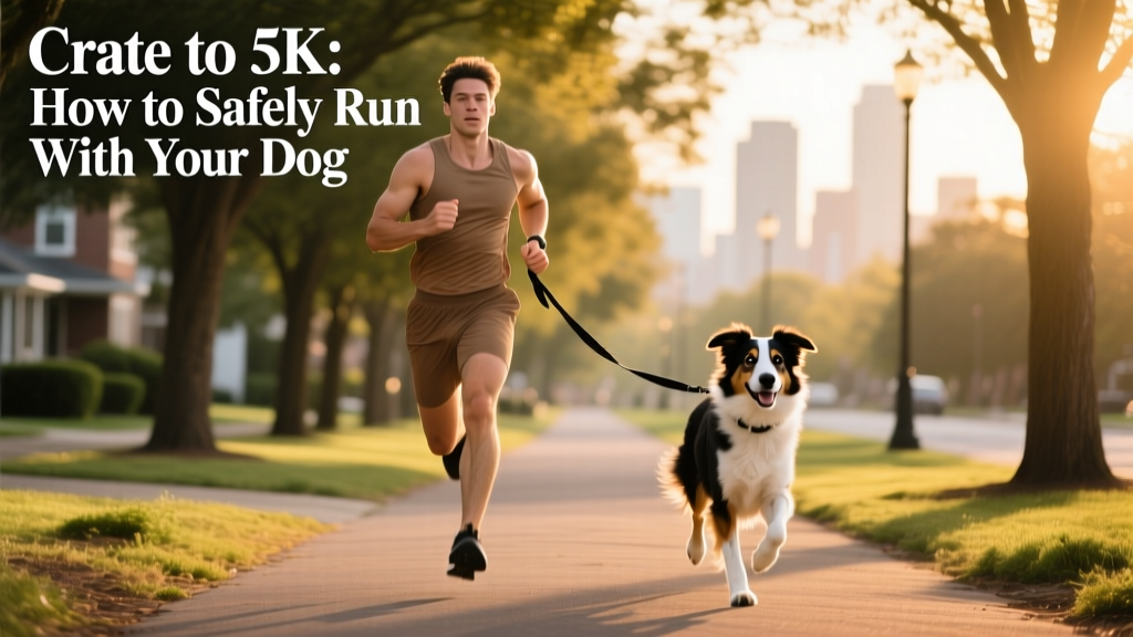 A side-by-side comparison showing proper running posture for human and dog: upright stance, relaxed shoulders, loose leash, and natural gait