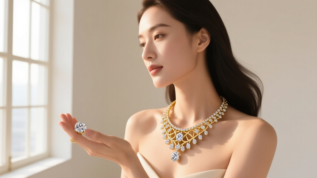 Woman holding a diamond gold statement necklace to the light, closely examining its clarity and fine metal craftsmanship