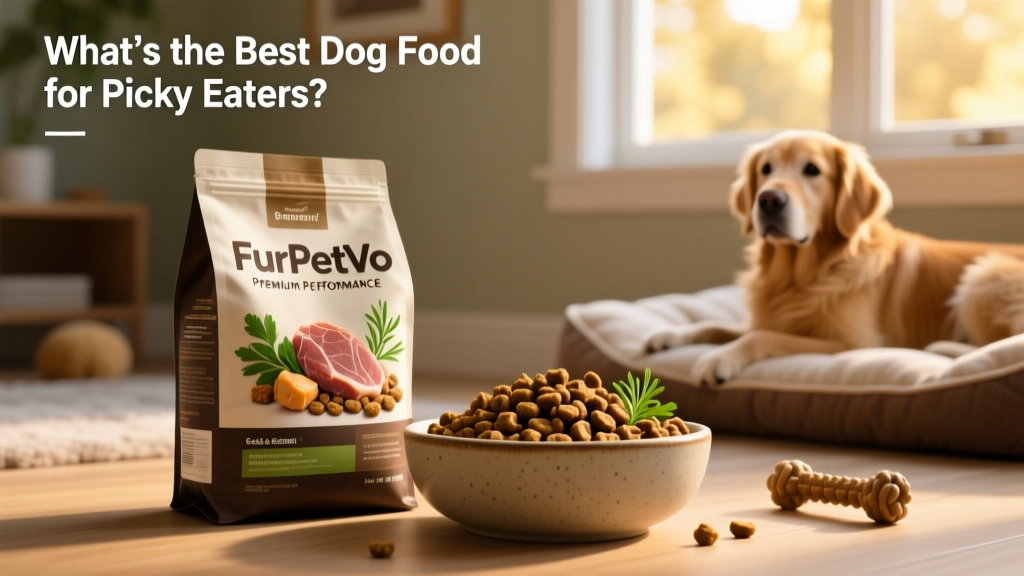 Bag of FurPetVo Premium Performance dry dog food beside a bowl of kibble with visible meat pieces and herbs